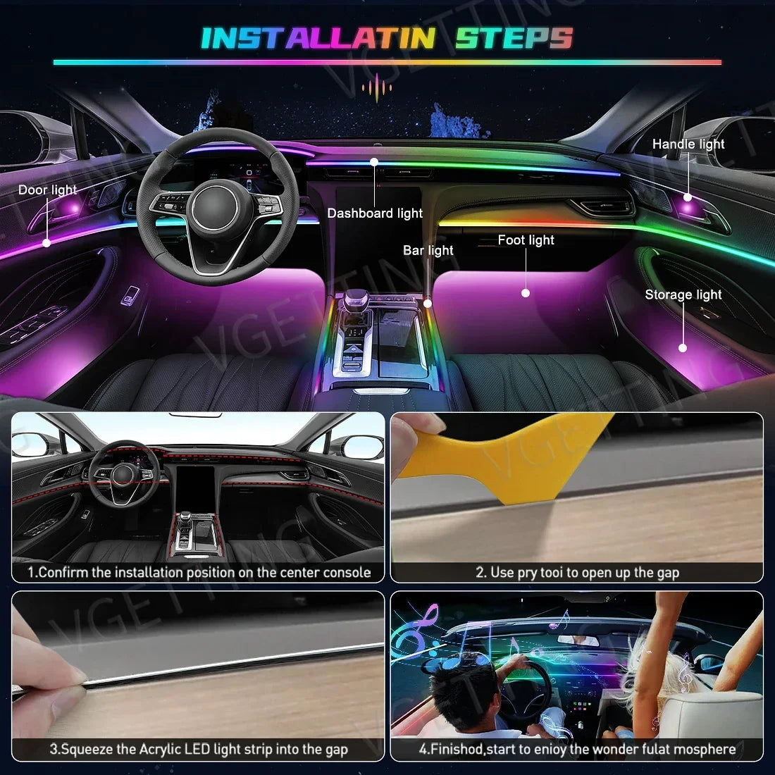 Vgetting 18 in 1 Car Ambient Lights Dual Zone Symphony RGB LED Interior Acrylic Strips Atmosphere Light Button APP Control 12V