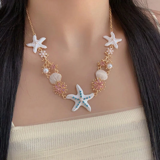 Exaggerated Colorful Shell Starfish Pendant Necklace for Women Summer Beach Party Pearl Rhinestone Choker Necklace Y2K Jewelry