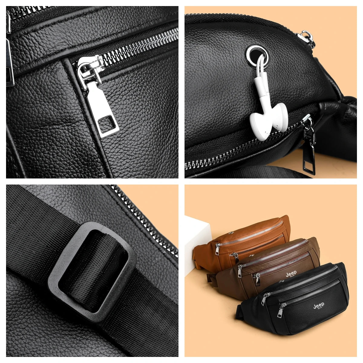 JEEP BULUO Brand Men's Chest Bag Genuine Leather Casual Shoulder Crossbody Bags