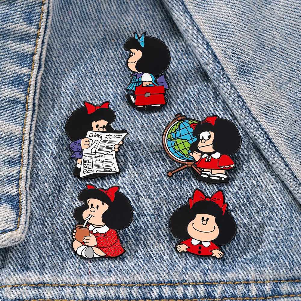 5 Pcs Anime Mafalda Cute Character Brooch Individuality Enamel Pin Backpack Clothing Jewelry Metal Badge Accessories Gift