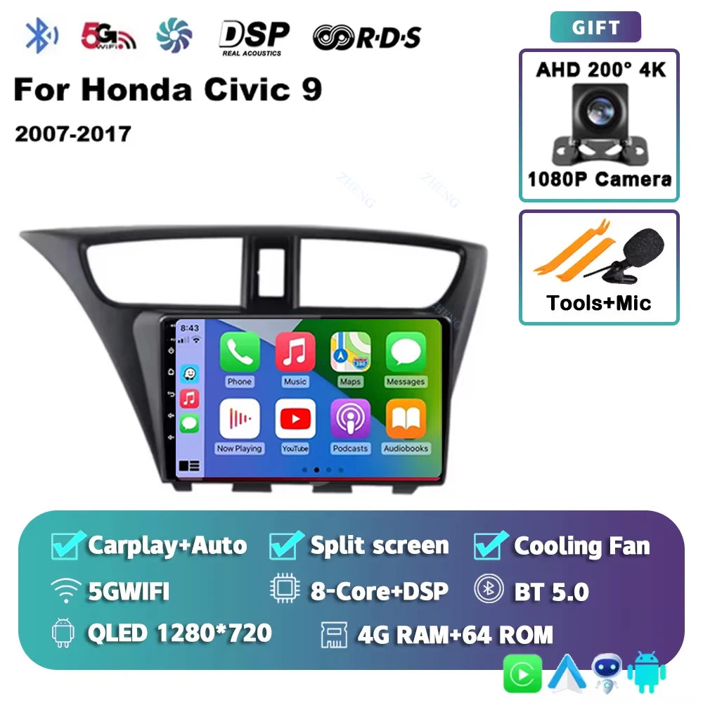 Carplay Android 14 Car Radio for Honda CIVIC 9 2011-2017 Qualcomm mulitmedia Video player Autoradio GSP Navigation Stereo screen