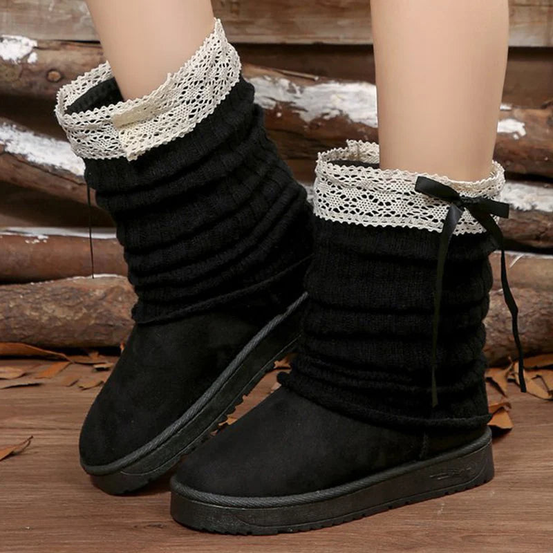 Sweet Lace Bowknot Snow Boots Women Faux Suede Knitted Snow Boots Woman Winter Platform Soft Soles Thick Warm Booties Female