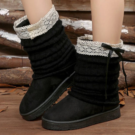 Sweet Lace Bowknot Snow Boots Women Faux Suede Knitted Snow Boots Woman Winter Platform Soft Soles Thick Warm Booties Female