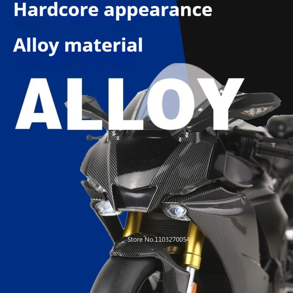1:6 R1M Alloy Spray Motorcycle Diecast Toy Car Model with Light Wheel Damping Front Wheels Steerable Motorbike Boy Birthday Gift