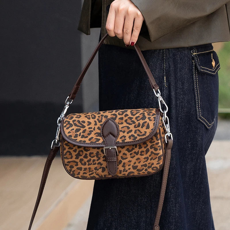 Autumn and winter women's Natural Suede leather Mini bag,luxury designer handbags, Vintage commuting leopard print messenger bag