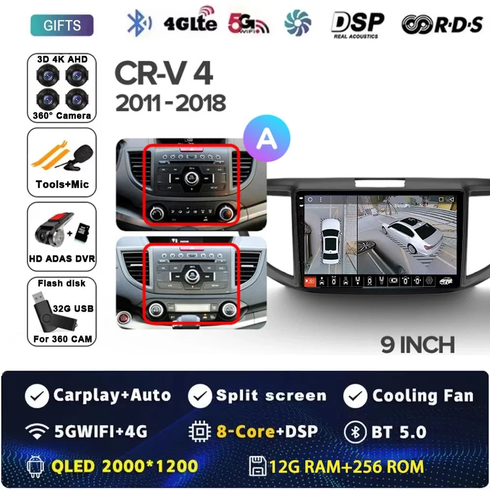 For Honda CR-V CRV 4 RM RE 2011 - 2018 Android 15 Car Radio GPS Navigation QLED Carplay Auto Multimedia Stereo Player BT