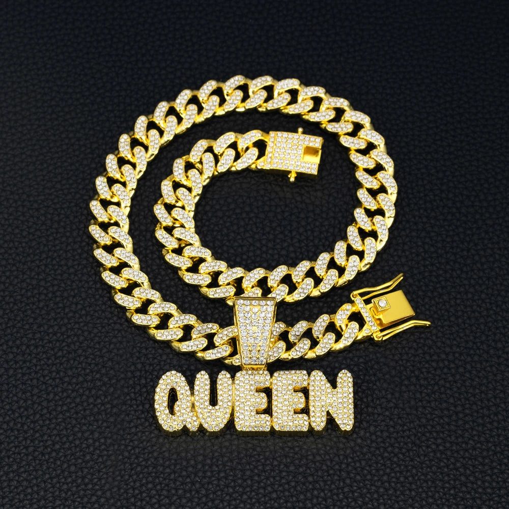 Hip Hop Letter QUEEN Pendant Pave Rhinestone With 13mm Cuban Chain Necklace For Men Fashion Iced Out Crystal Letter Jewelry Gift