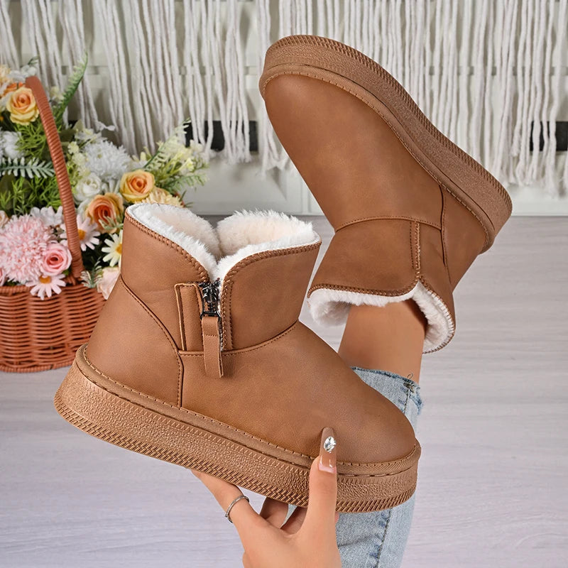 Pu Leather Warm Thicken Plush Snow Boots Women Comfort Thick Sole Non Slip Cotton Padded Shoes Woman Zipper Fluffy Winter Boots