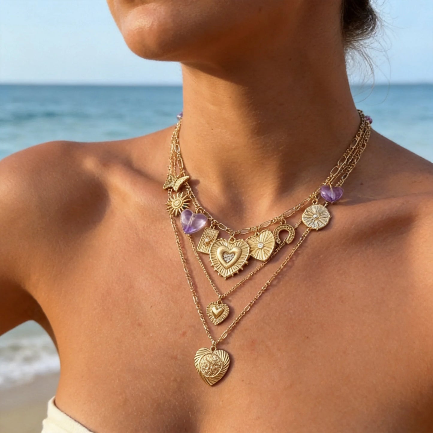 Vintage Heart Sun Layered Necklace Set of 3 Dainty Chains Boho Retro Gold Tone Pendant Stackable Jewelry Gift for Women