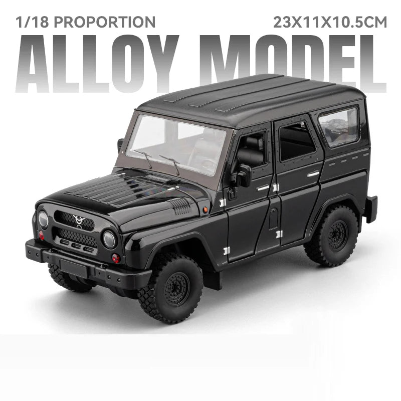 1:18 Russia UAZ Hunter Travelers Alloy Diecast Model Toys Car with Sound Light Pull Back Doors Opened Vehices Boy Christmas Gift