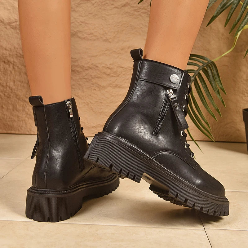 Black Pu Leather Motorcycle Boots Women 2025 Fashion Lace Up Platform Ankle Boots Woman Plus Size 42 Zipper Gothic Shoes Female