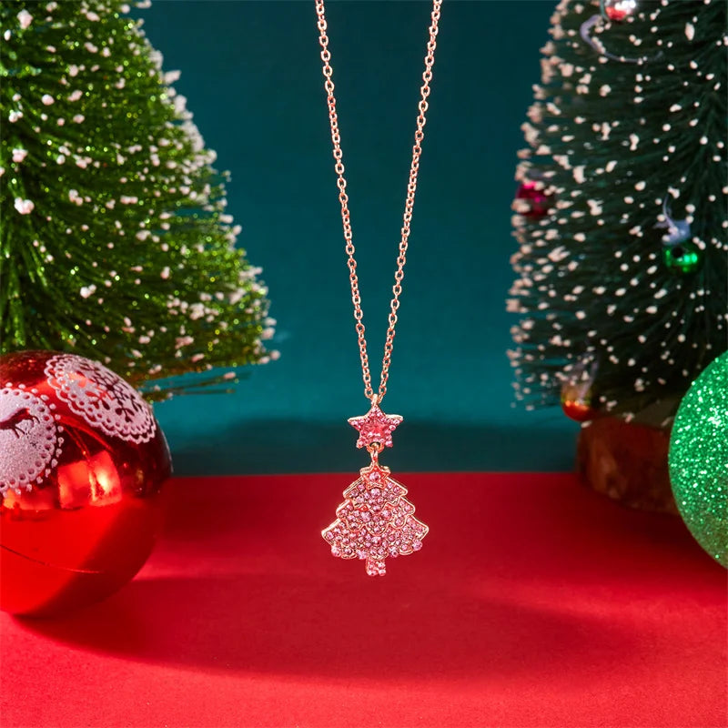 Luxury Zircon Crystal Christmas Tree Pendant Necklace For Women Exquisite Rhinestone Snowflake Clavicle Chain Jewelry Xmas Gifts