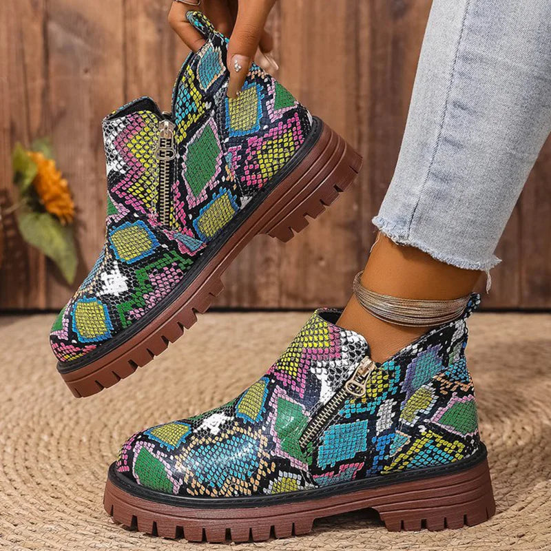 Fashion Snake Print Ankle Boots Women Spring Autumn Plus Size 36-43 Platform Boots for Woman Zipper Up Round Toe Botas Lady