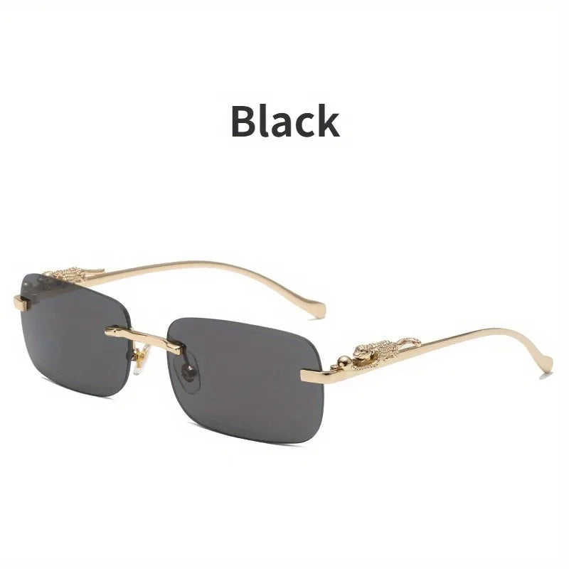Frameless Rectangular Fashion Glasses for Men and Women Luxurious Design with Gold Metal Border Leopard Head Buckle