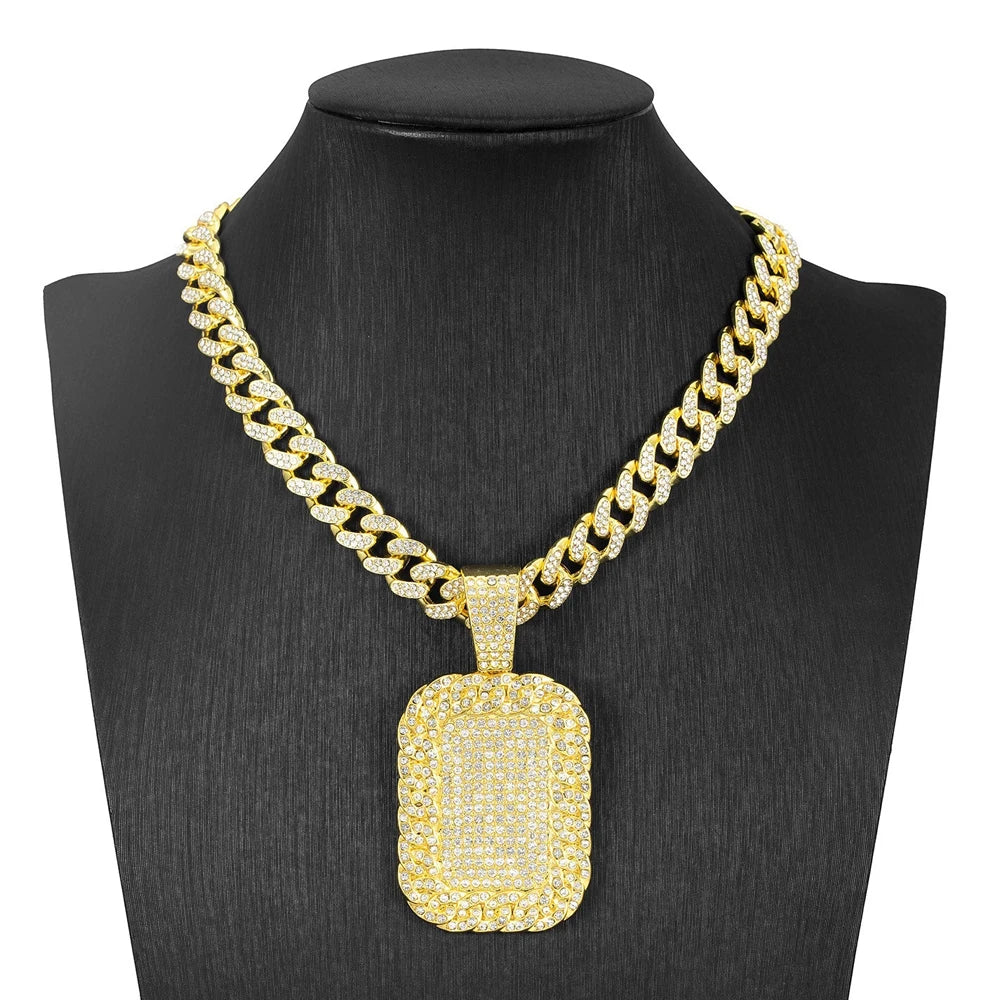 Hip Hop Luxury Big Square Pendant Necklace Set Men's Cuban Chain Iced Out Bling Rock Party Necklaces Birthday Gift Charm Jewelry