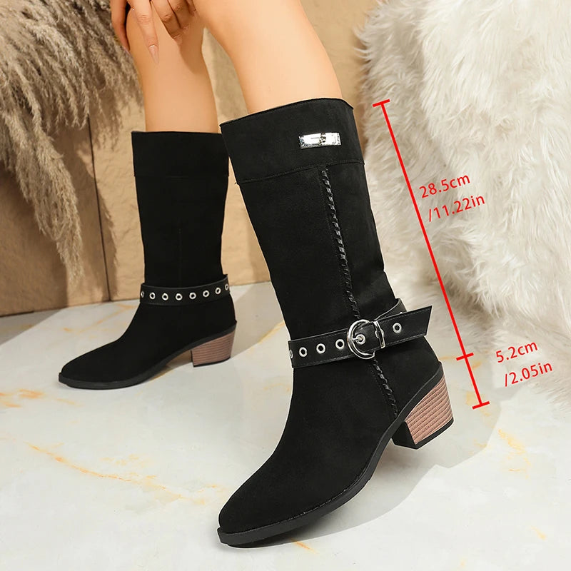 Belt Buckle Thick Heels Western Boots Women Retro Slip On Pointed Toe Knee High Boots Woman Plus Size Knight Long Botas Mujer