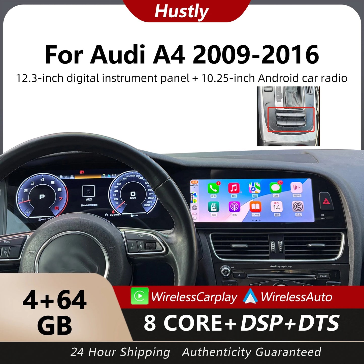 For Audi A4 2009-2016 digital instrument panel, speedometer, Android radio, wireless CarPlay, GPS navigation 4+64GB