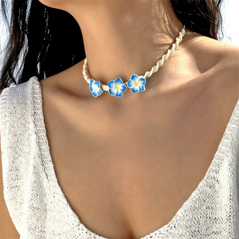 Bohemia Polymer Clay Beaded Flower Necklace for Women Handmade Woven Rope Chain Choker Necklace Summer Beach Jewelry Accessories