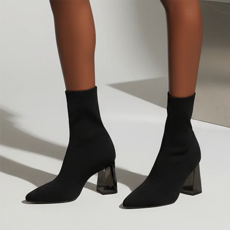 Fashion Design Knitted High Heels Boots Women Plus Size Sexy Pointed Toe Ankle Boots Woman Slip On Thick Heeled Sock Botas Mujer