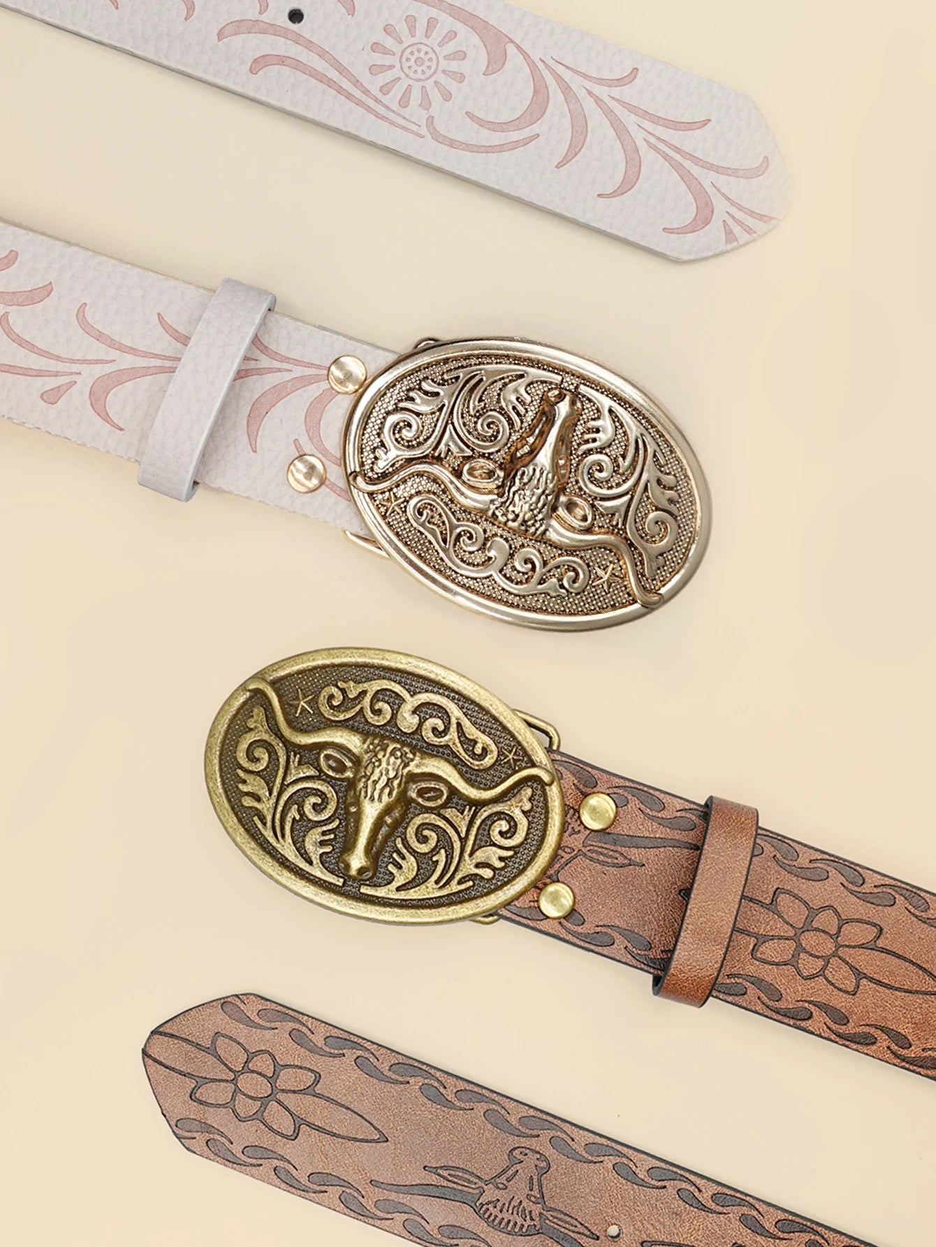 Western Cowboy Style Vintage Casual Belt - Ox Head Carved Buckle & Bohemian Print, Perfect for Daily Commute & Dating Outfits