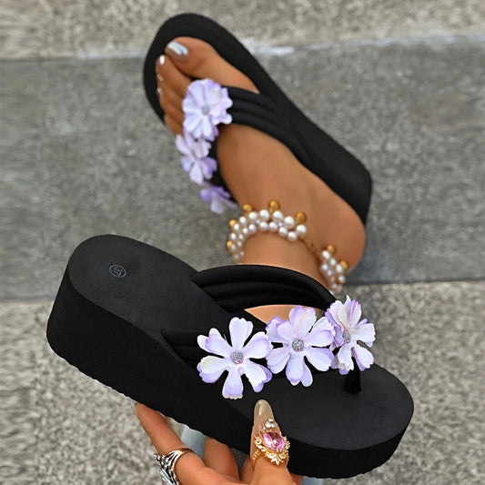 Flowers Decor Chunky Platform Flip Flops Women Plus Size 43 Lightweight Non Slip Beach Slippers Woman Clip Toe Wedges Sandals