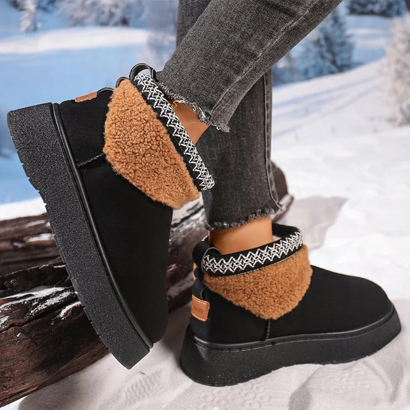 Black Platform Snow Boots for Women Winter Thicken Warm Plush Ankle Boots Woman Retro Faux Suede Non Slip Cotton Shoes Lady