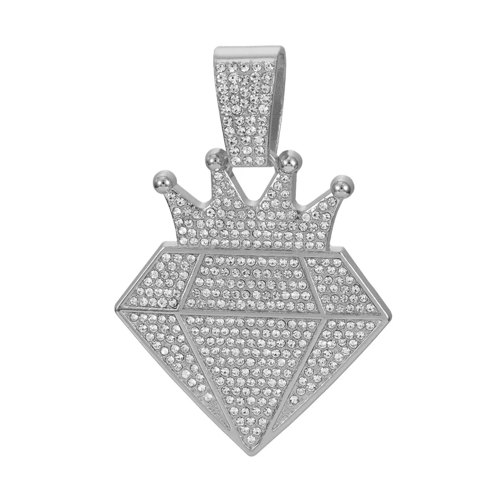 High Quality Hip Hop Alloy Full Diamond Crown Necklaces With 13mm Cuban Chain Diamond Shape Pendants For Men Charm Jewelry Gifts