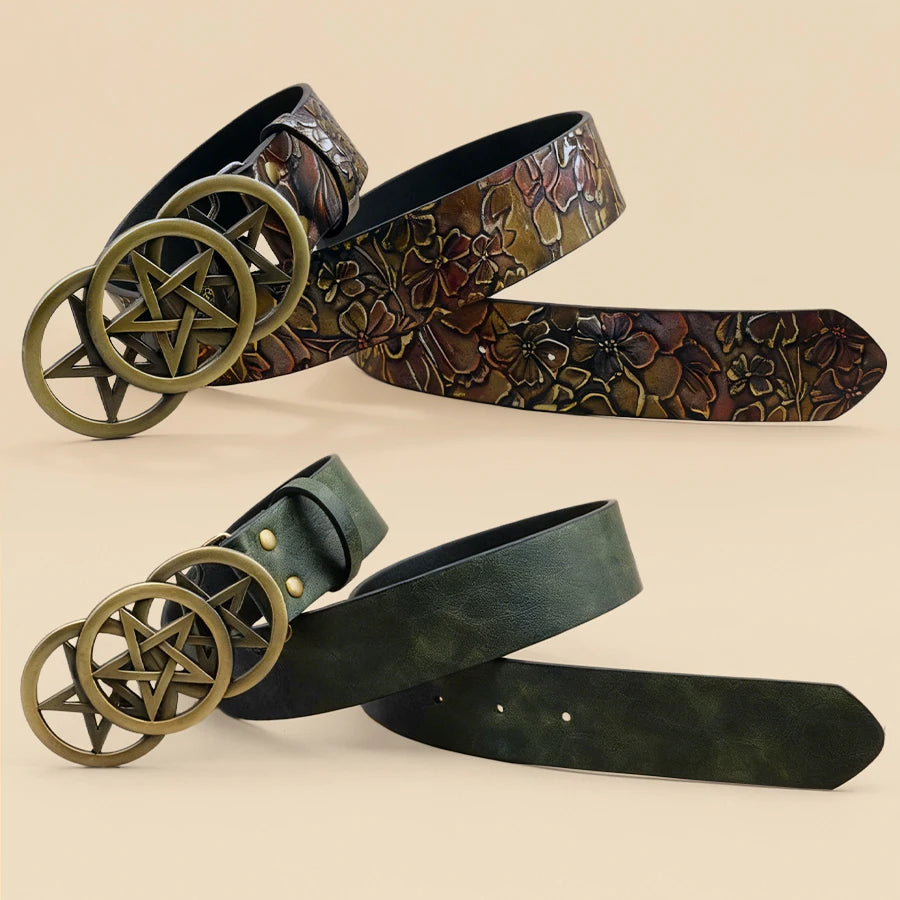 Gothic Pentagram Belt Women Vintage Metal Buckle Two-Tone Embossed Waist Cinch Fashion Accessory