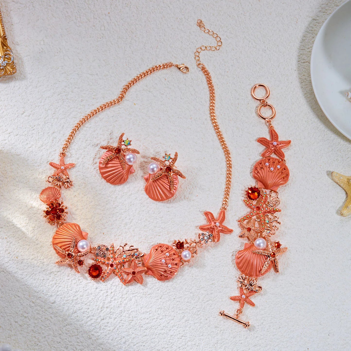 Statement Rose Gold Ocean Jewelry Set Women Chunky Coral Starfish Shell Pearl Crystal Necklace Bracelet Sunset Resort