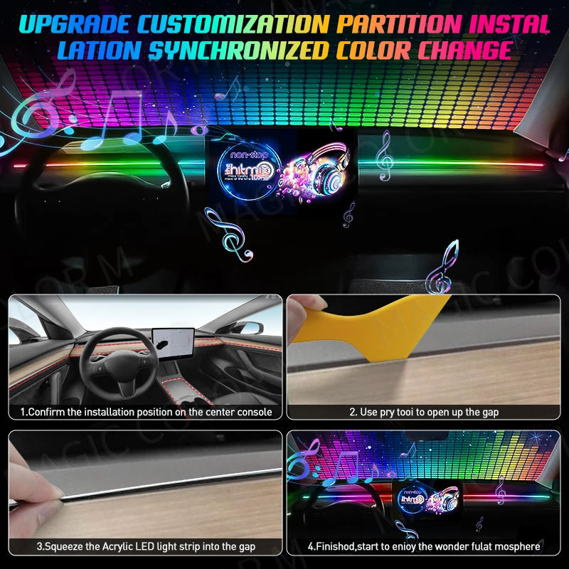 140cm/55.1inch Car Ambient Lights Universal LED Symphony RGB Atmosphere Lamp Acrylic Strips APP Control for Tesla Model 3 Y S X