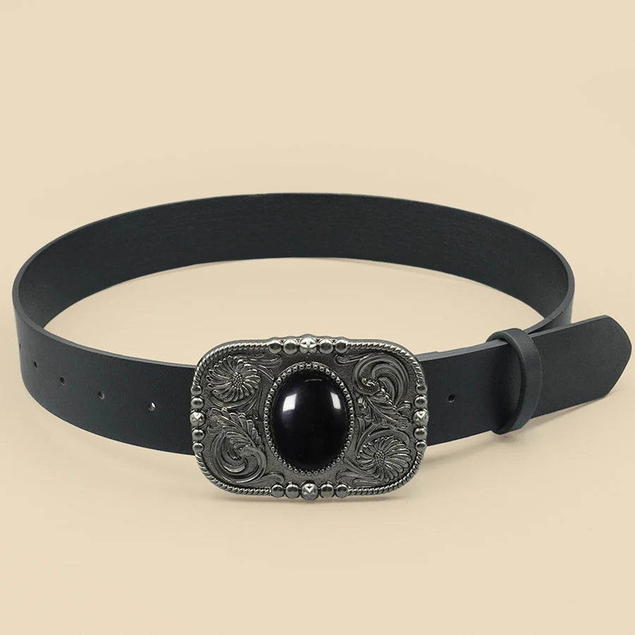 Retro Black Turquoise Inlaid Women's Belt, Western Denim Style, Niche Women's Belt, Carved Black Gemstone Belt
