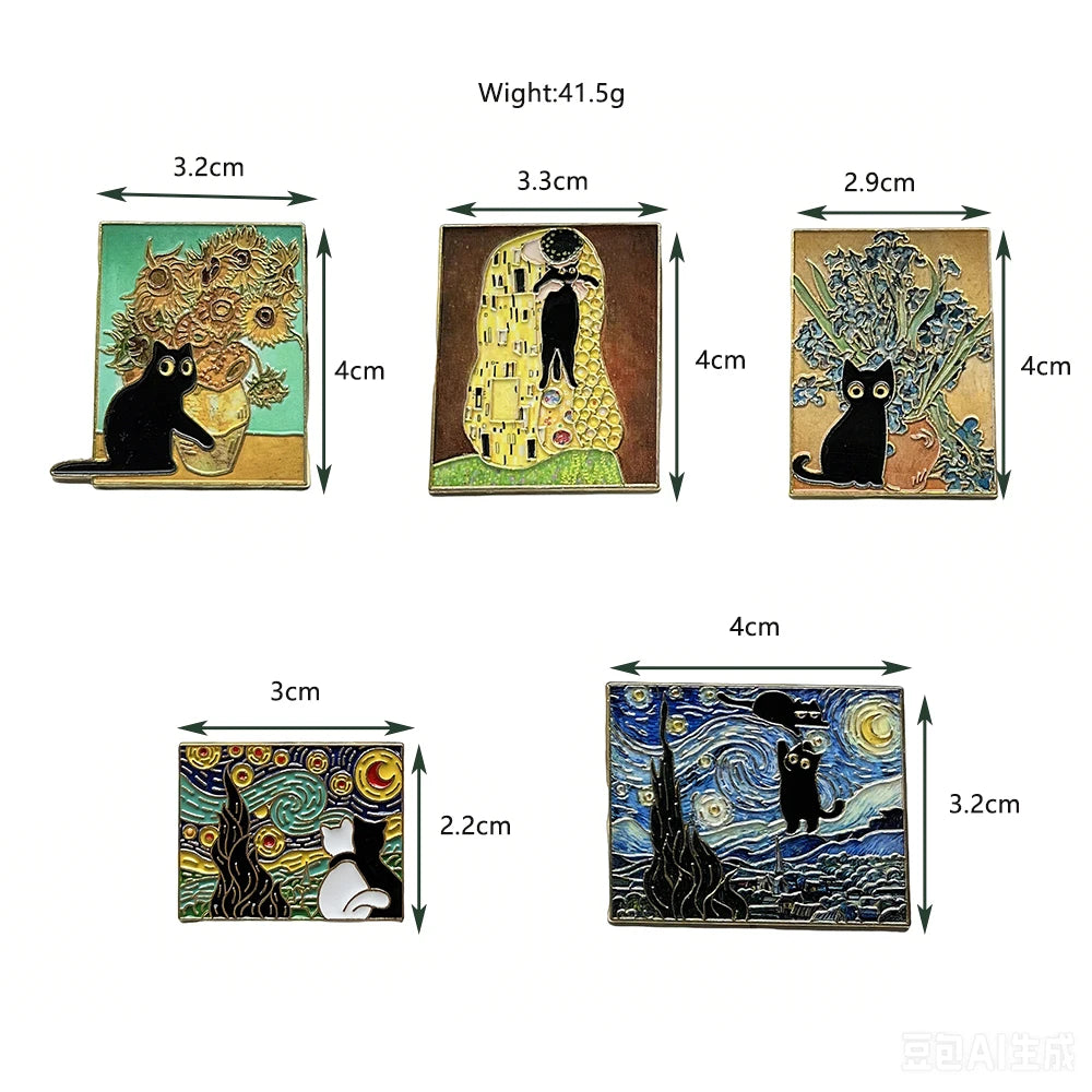 5pcs Famous Painting Black Cat Enamel Pins Set Aesthetic Vintage Sunflower Art Brooches Badge Pins for Backpack fans Collectible