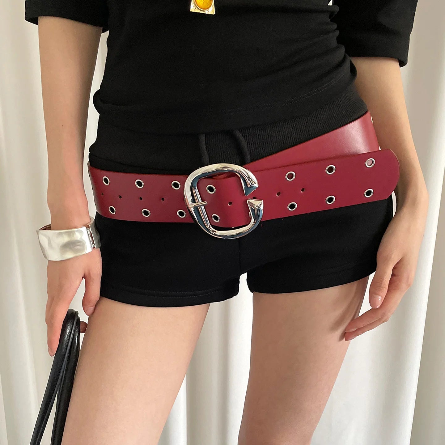 Heavy Industrial Punk Style Double-Row Hole Decoration Wide Version Belt For Women A Niche And Versatile Leather Belt