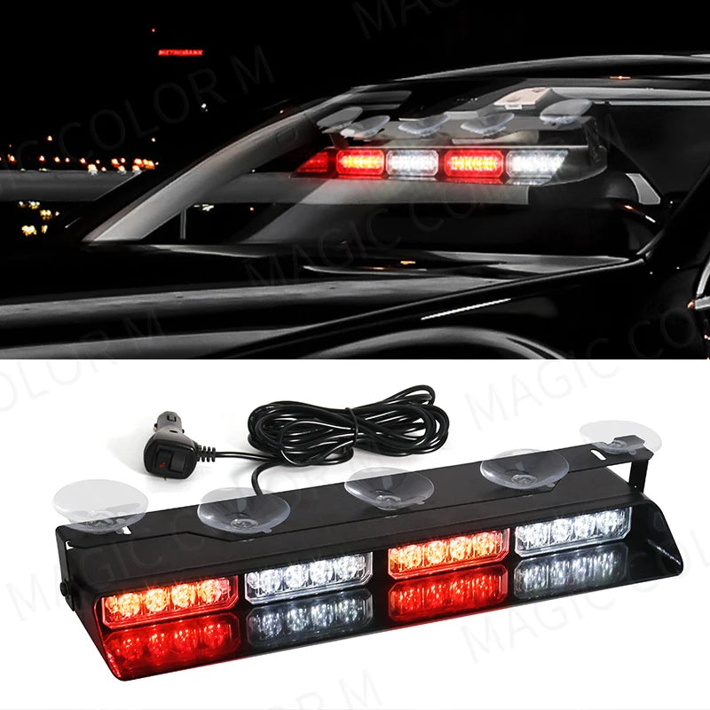 16 LED Car Strobe Light For Emergency Flash Warning Lamp Windshield Bar Red Blue Amber White Waterproof Auto Light Assembly 12V