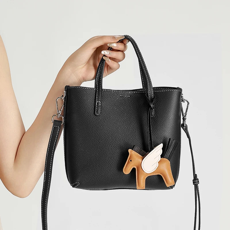 Genuine Cowhide Leather Mini Tote Bag for Women Pebbled Leather Bucket Bag with Horse Charm Luxury Designer Patchwork Handbag