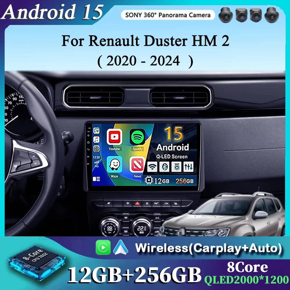 For Renault Duster HM 2 2020 - 2024 2K 12+256 QLED Android 15 CarPlay Car Radio Multimedia Video Player GPS stereo Head Unit