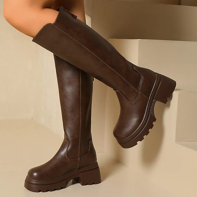 Streetwear Chunky Platform Knee High Boots Women Back Zipper High Heel Pu Leather Boots Woman Plus Size 42 Thick Sole Long Botas
