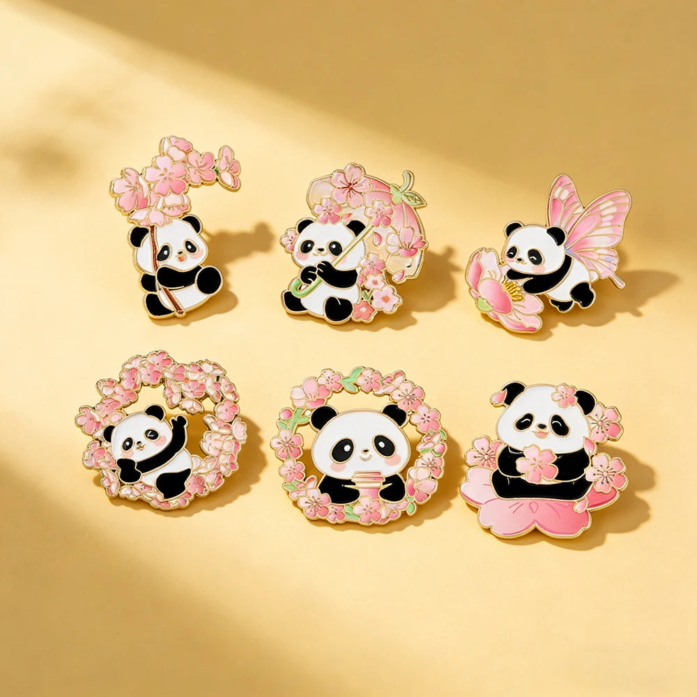 6pcs Cute Cartoon Animal Enamel Brooches - Flower Panda Cherry Blossom & Butterfly Lapel Pins Metal Badges Jewelry Gift Set