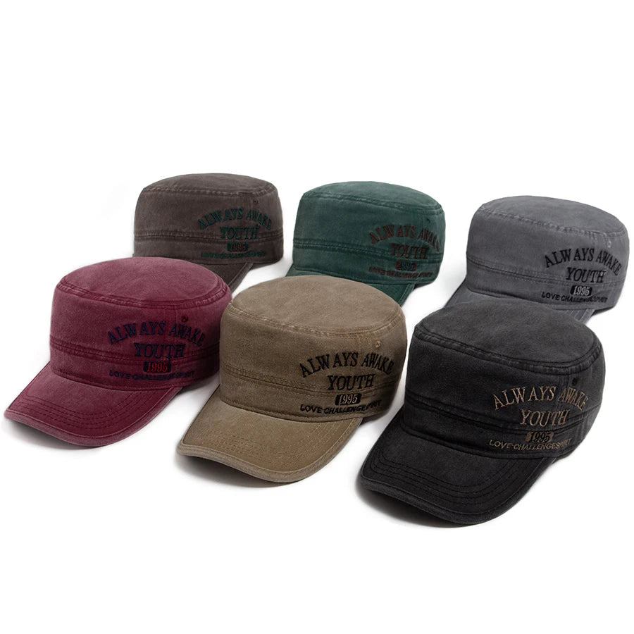 Vintage Flat Hat Men Letter Embroidery Visor Military Cap Outdoor Summer Retro Army Trucker Hats Women Baseball Caps Adjustable