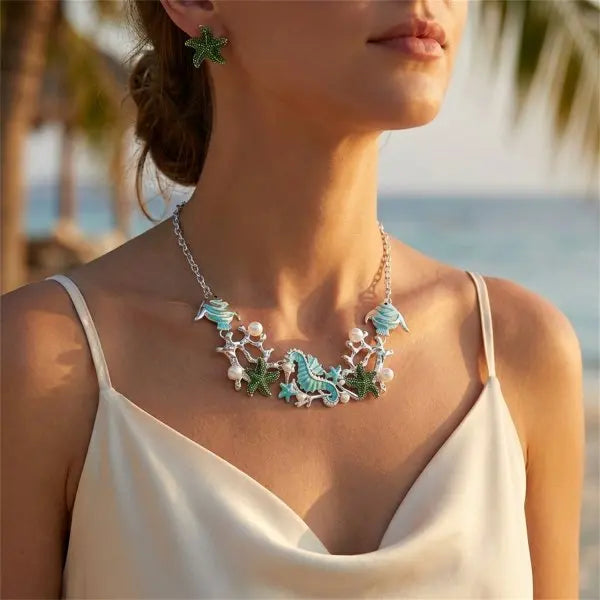 Exaggerated Metal Starfish Shell Pearl Necklace for Women Summer Ocean Coral Scallop Pendant Necklace Boho Beach Jewelry Gift