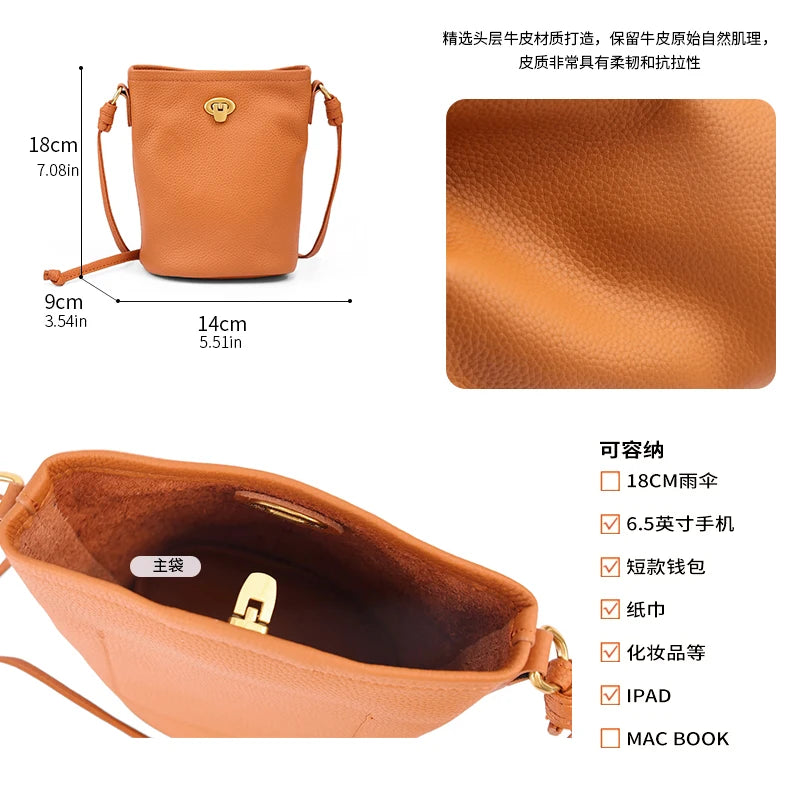 Women's Genuine Leather Mini Crossbody Bag Ladies' Waxed Cowhide Vintage Shoulder Bag Brand Small Chic Cellphone Bucket Bag