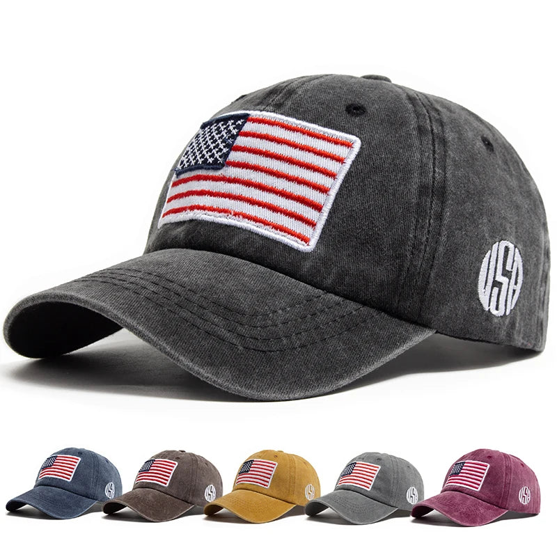 USA Flag Men's Baseball Cap Retro Embroidery Washed Cotton Dad Hats Fashion Hats