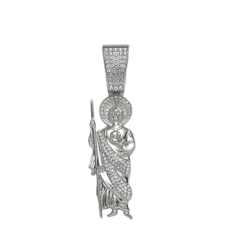 Hip Hop Men Bling Iced Out Crystal Miami Cuban Link Necklace For Women San Judas 13mm Cuban Chain Religious Jewelry Pendant Gift