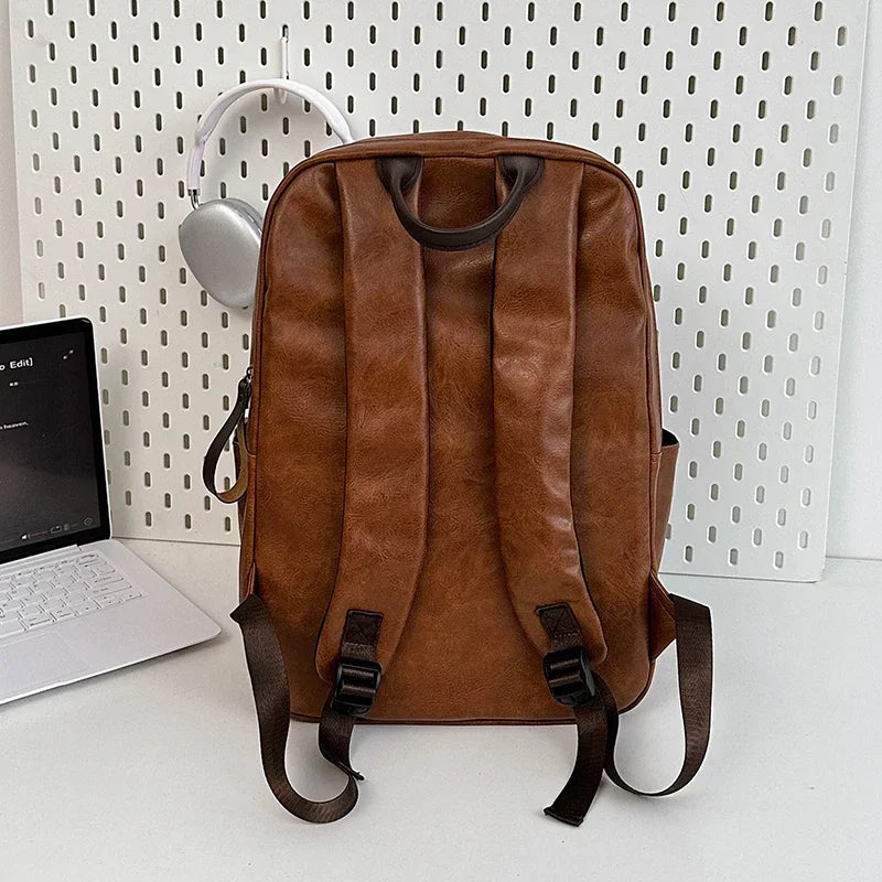 Old Style Laidback Backpack PU Leather Men Bag Laptop Travel Solid Work Bag