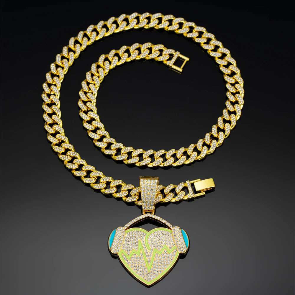 Hip Hop Full Rhinestones Cuban Chain Bling Iced Out Heart with Headphones Pendant Necklaces for Men Rapper Jewelry Drop Shipping