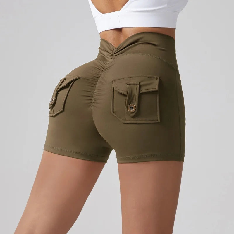 Shorts Wrinkled Tight Hip Tooling Pocket Solid Elastic Waist Yogurt Pant Legging Sets Workout Leggings for Women