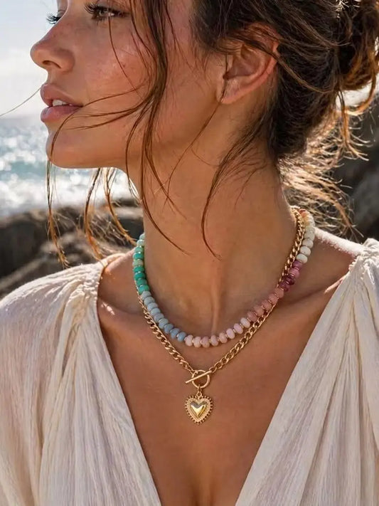 Y2K Dopamine Colorful Beaded Heart Necklace for Women Half Chain Half Bead Chunky Choker Pendant Necklace Statement Jewelry