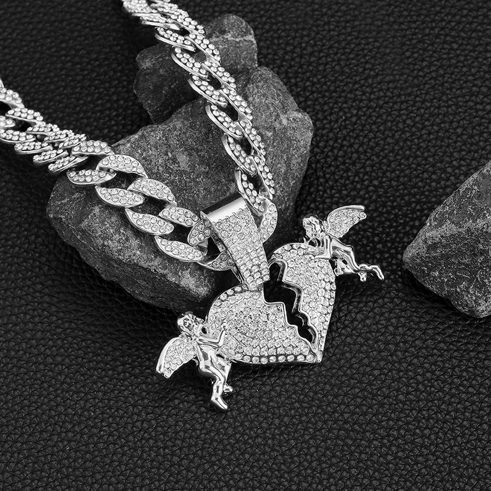Trendy Men's Women Hip Hop Sparkling Angel Love Heart Pendant Necklace with 15mm Cuban Chain Necklace Charm Jewelry Factory Sale