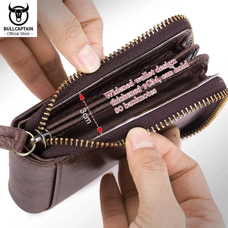 BULLCAPTAIN Men's Genuine Leather Wallet Business Casual Retro RFID Zipper Coin Purse Multi-Card Slot Cash Clip