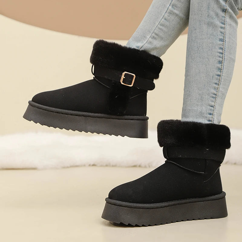 Faux Fur Winter Ankle Boots Women Fashion Buckle Anti Slip Platform Snow Boots Woman Plus Size Faux Suede Warm Short Booties